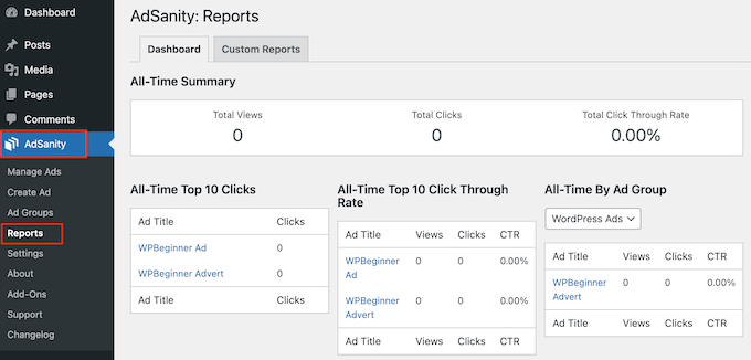 Viewing advertisement reports in the WordPress dashboard