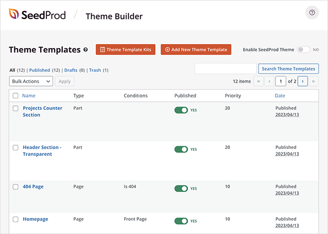 WordPres theme template parts in SeedProd