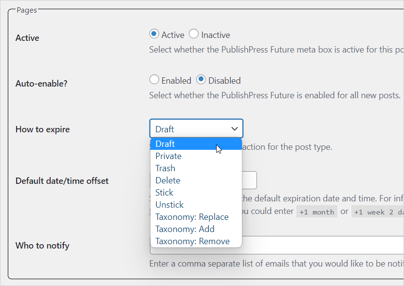 Options d'expiration PublishPress Future