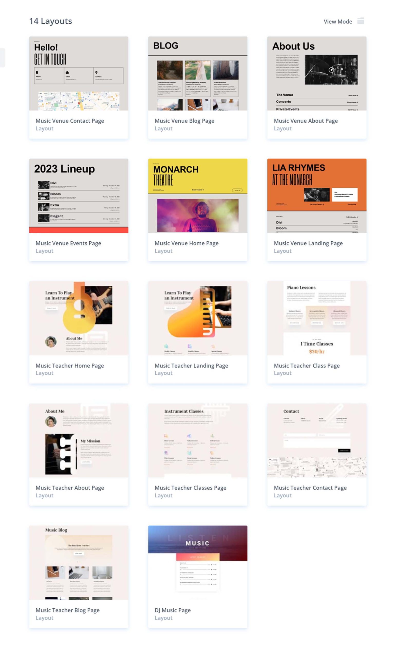 Divi's musikbezogene vollständige Site-Layouts