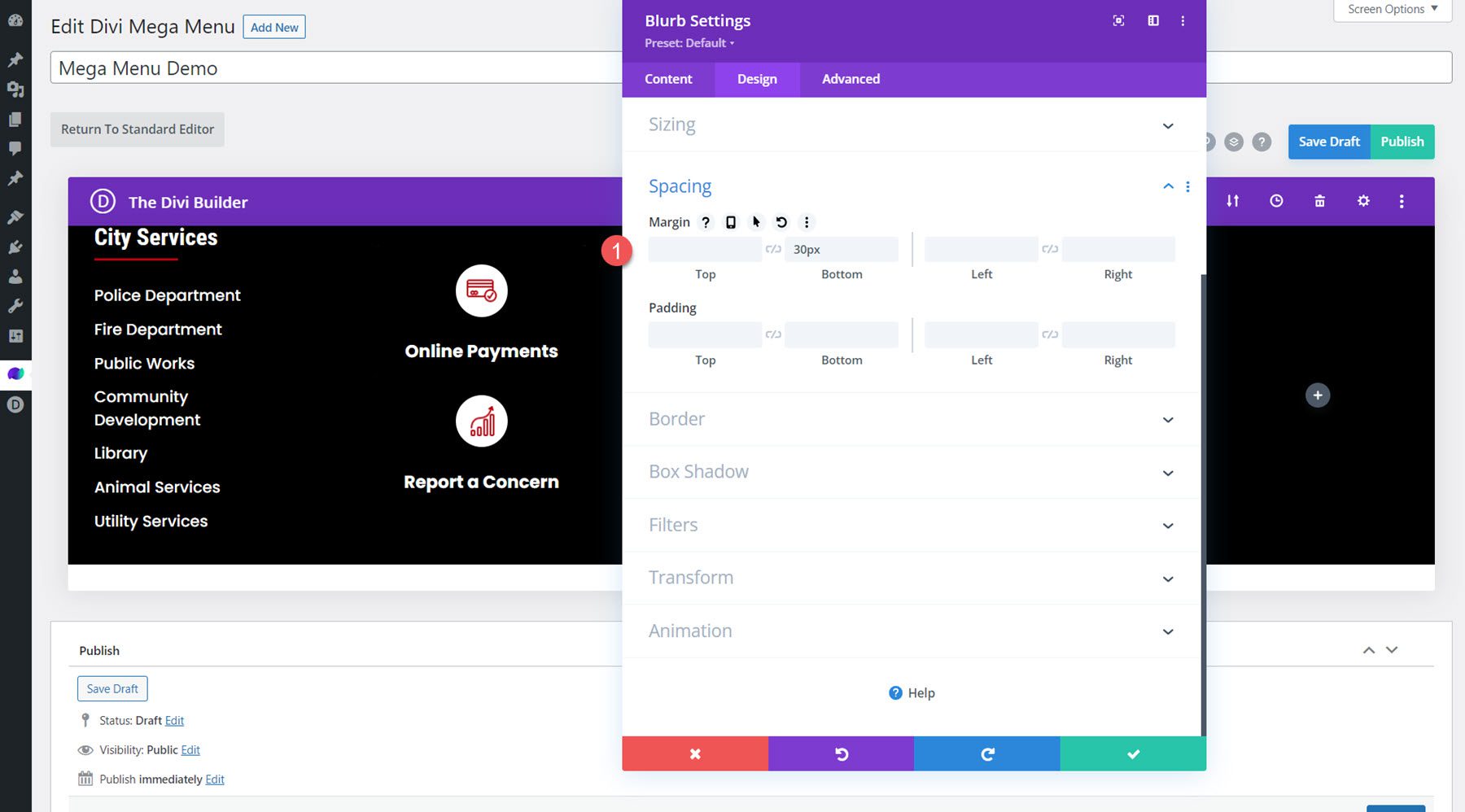 Divi Mega Menu Mega Drop-Down Disposition du module Espacement Blurb