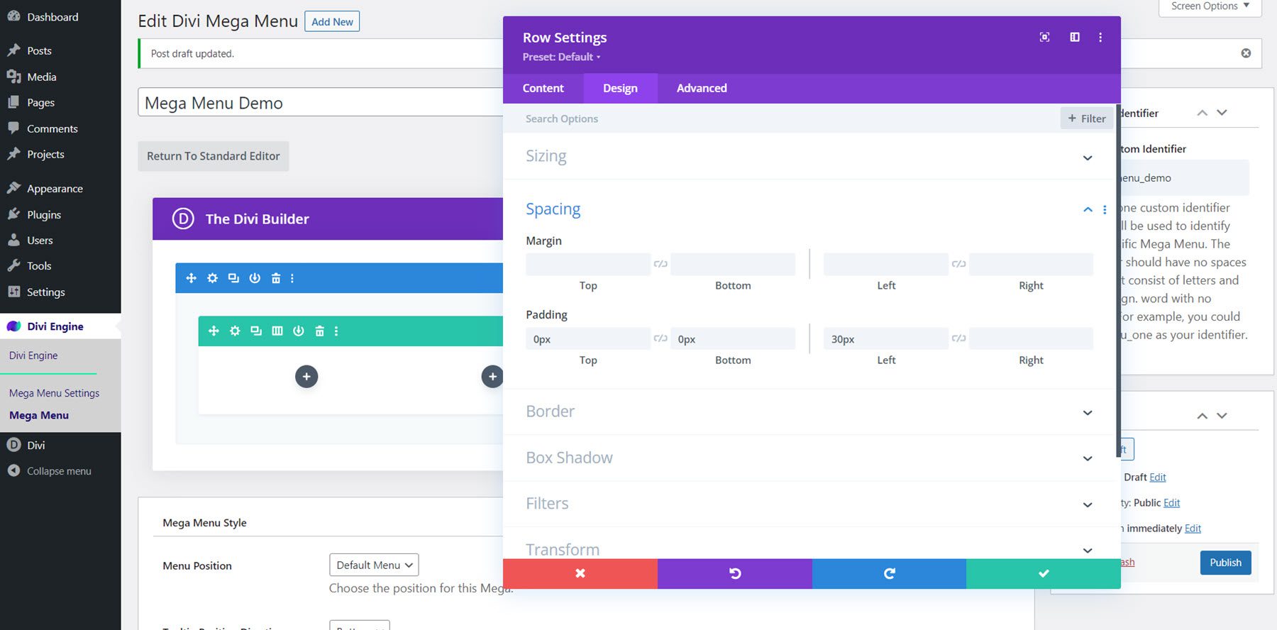 Divi Mega Menu Mega Drop-Down Modul Tata Letak Jarak Baris