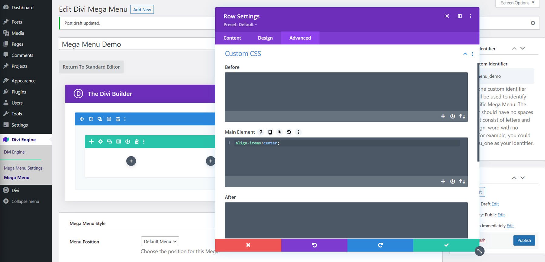 Divi Mega Menü Mega Açılır Modül Düzen Satırı Özel CSS