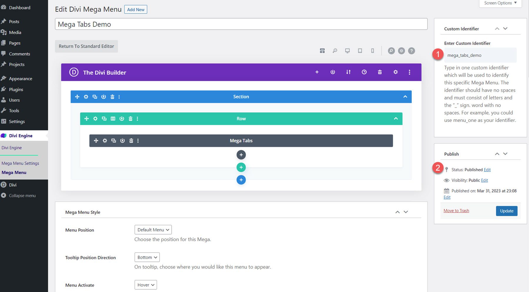 Divi Mega メニューのカスタム識別子