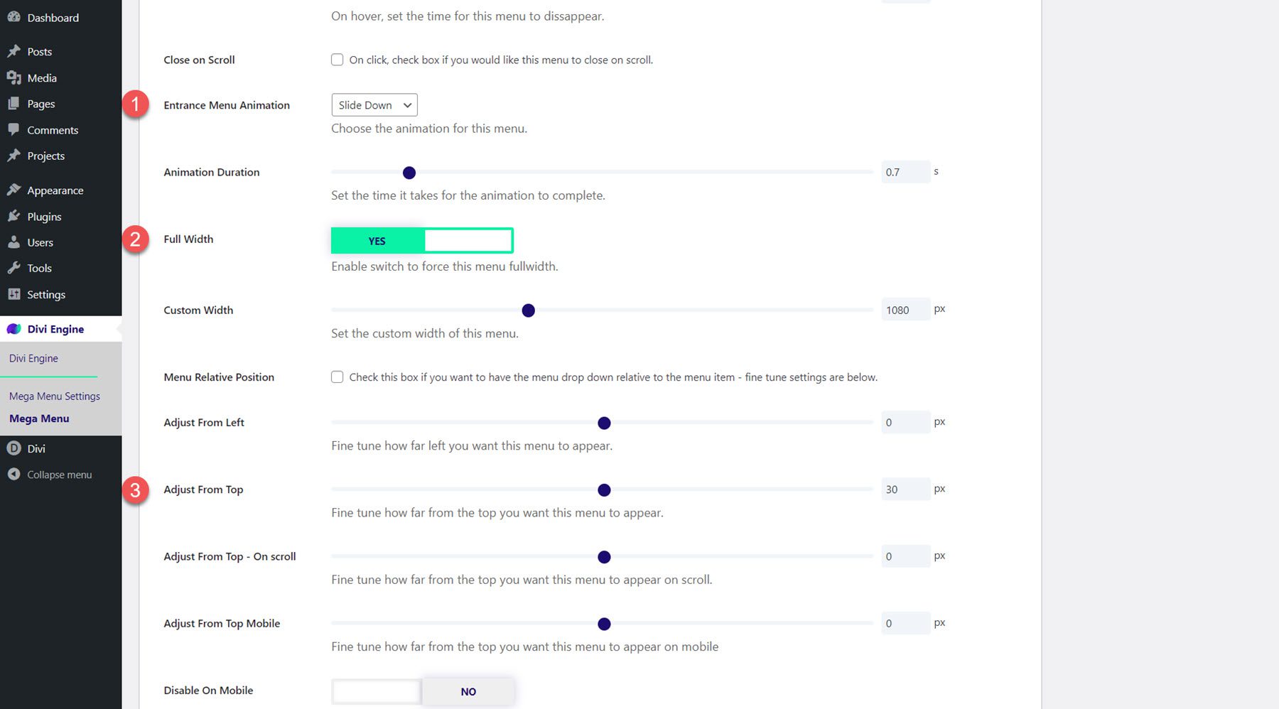 Impostazioni dello stile di layout del modulo a discesa Mega menu Divi Mega