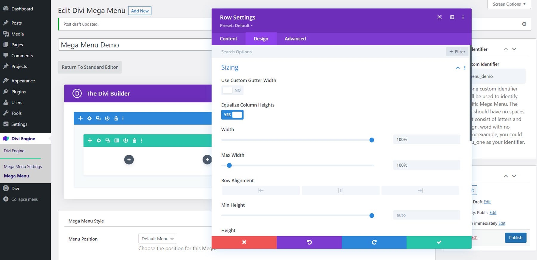 Disposition du module Divi Mega Menu Mega Drop-Down Dimensionnement des lignes