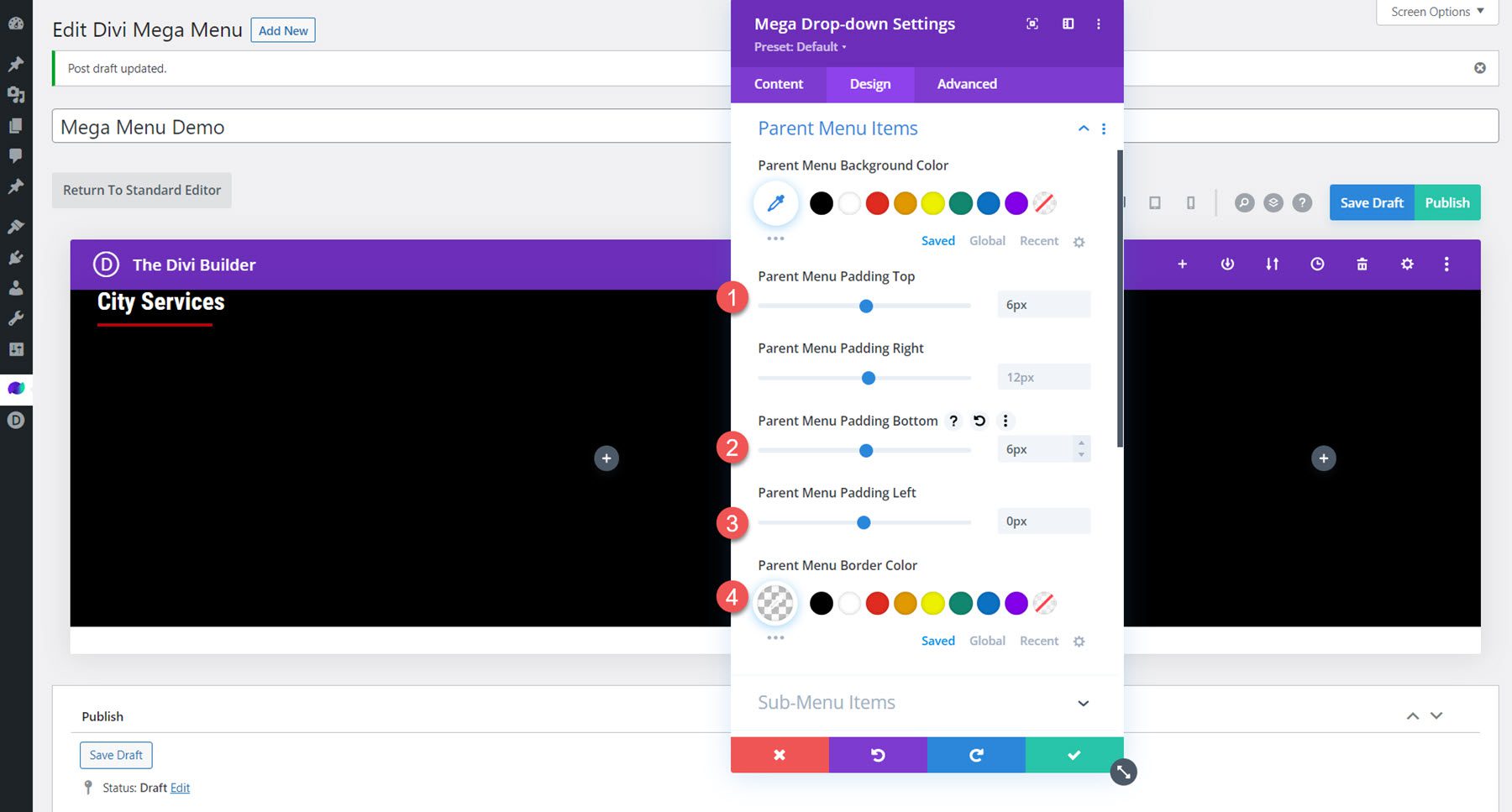 Divi Mega Meniu Mega drop-down Aspect modul modul Elemente din meniul părinte