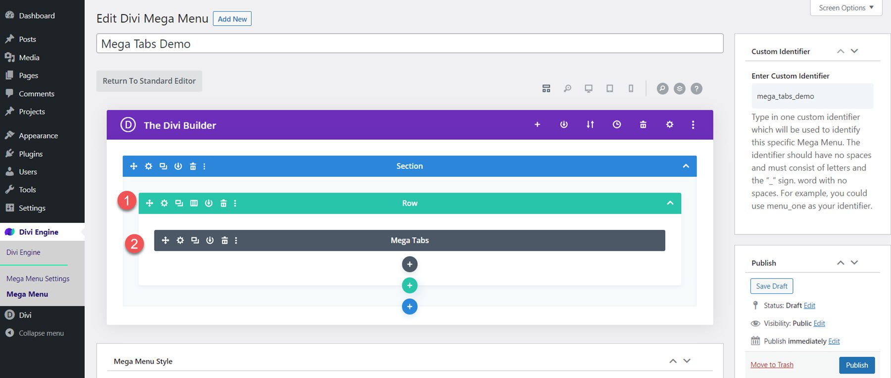 Divi Mega Menu Mega Tabs เพิ่มแถว เพิ่มแท็บ