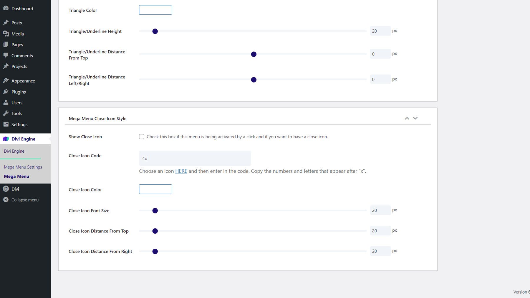 Divi Mega 菜單關閉圖標樣式