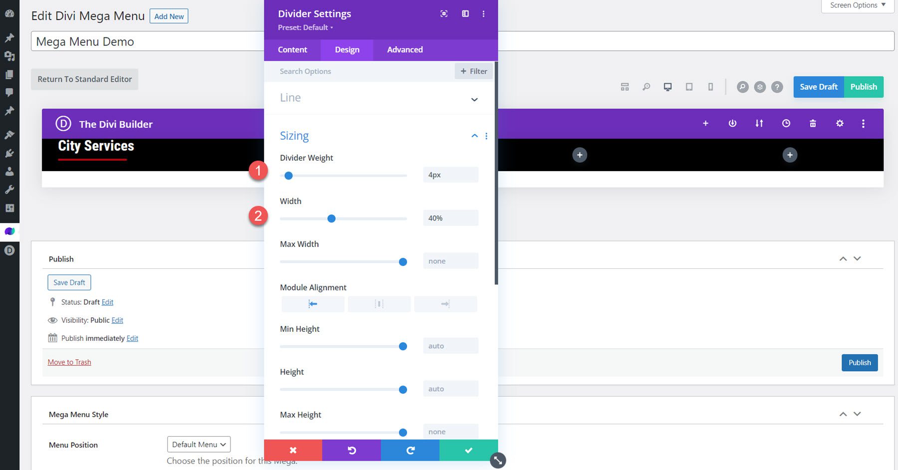 Divi Mega Menu Mega Drop-Down Disposition du module Diviseur Dimensionnement