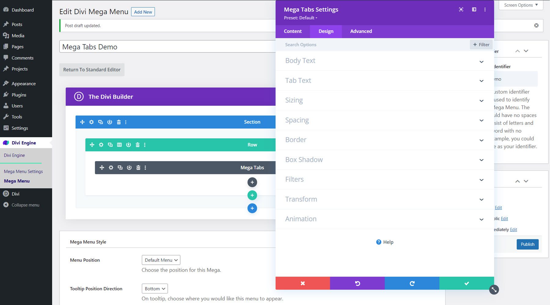 Divi Mega Menu 메가 탭 디자인 설정