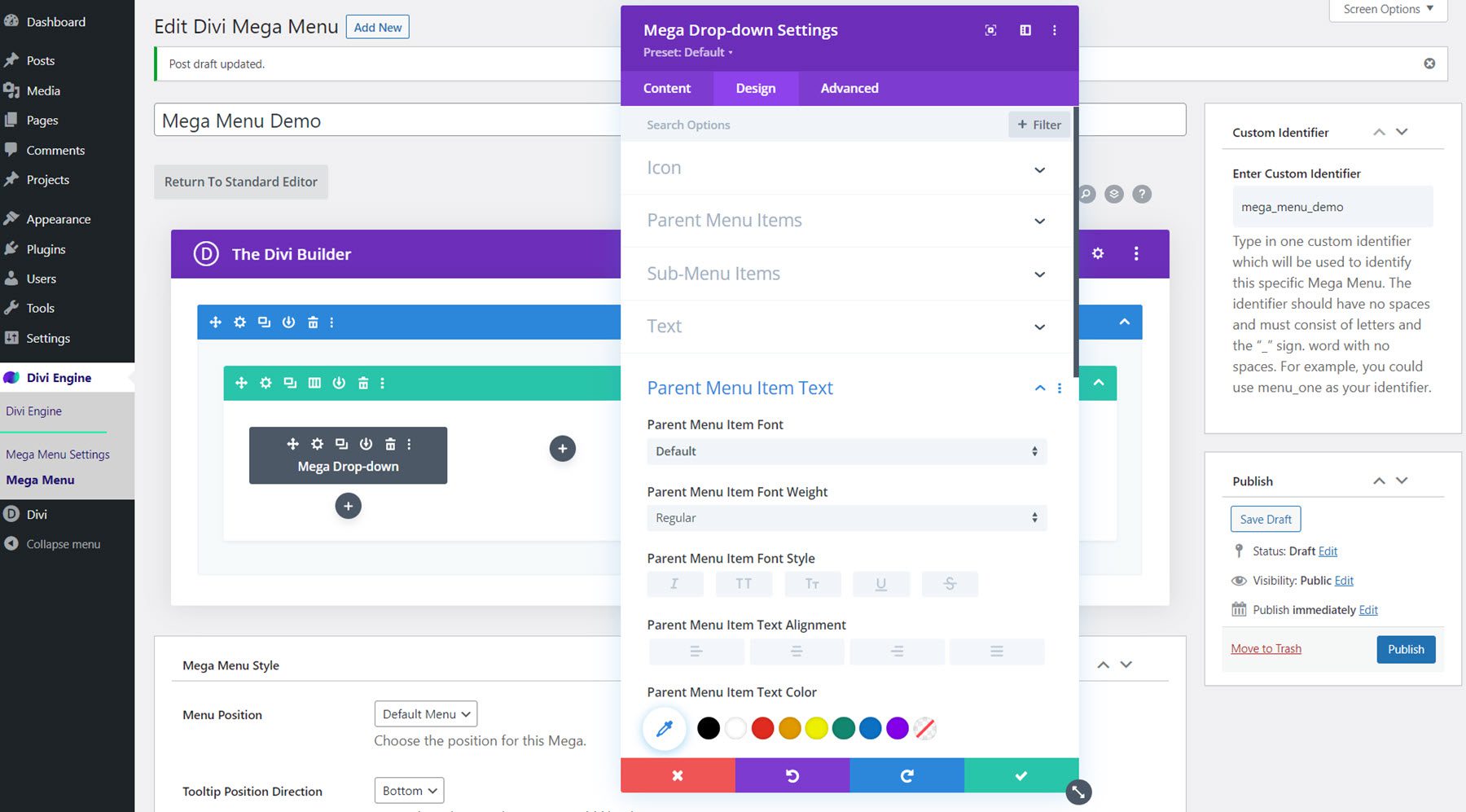 Divi Mega Menu Impostazioni di progettazione del modulo a discesa Mega