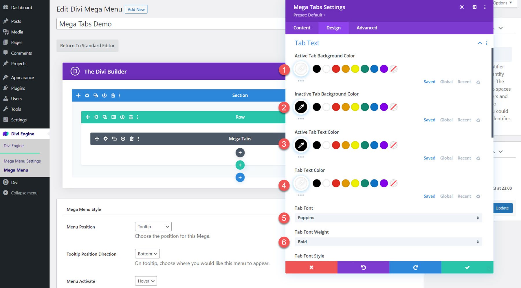 รูปแบบข้อความของ Divi Mega Menu Mega Tabs