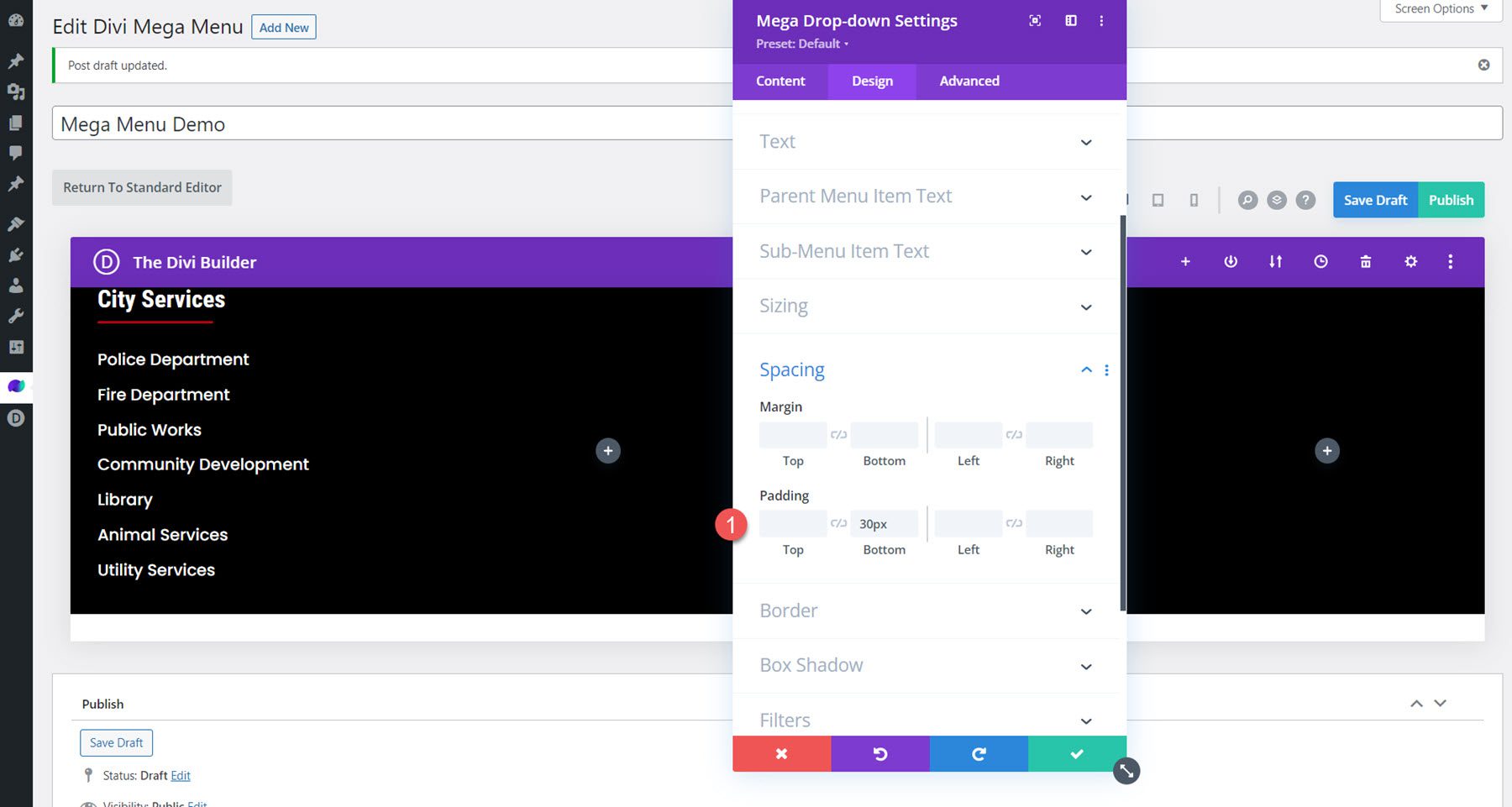 Imbottitura del layout del modulo a discesa Mega menu Divi Mega