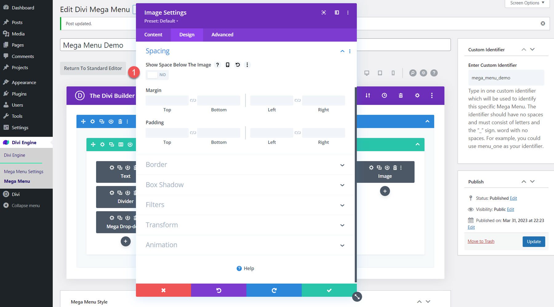 Divi Mega Menu Mega Drop-Down Disposition du module Espacement des images