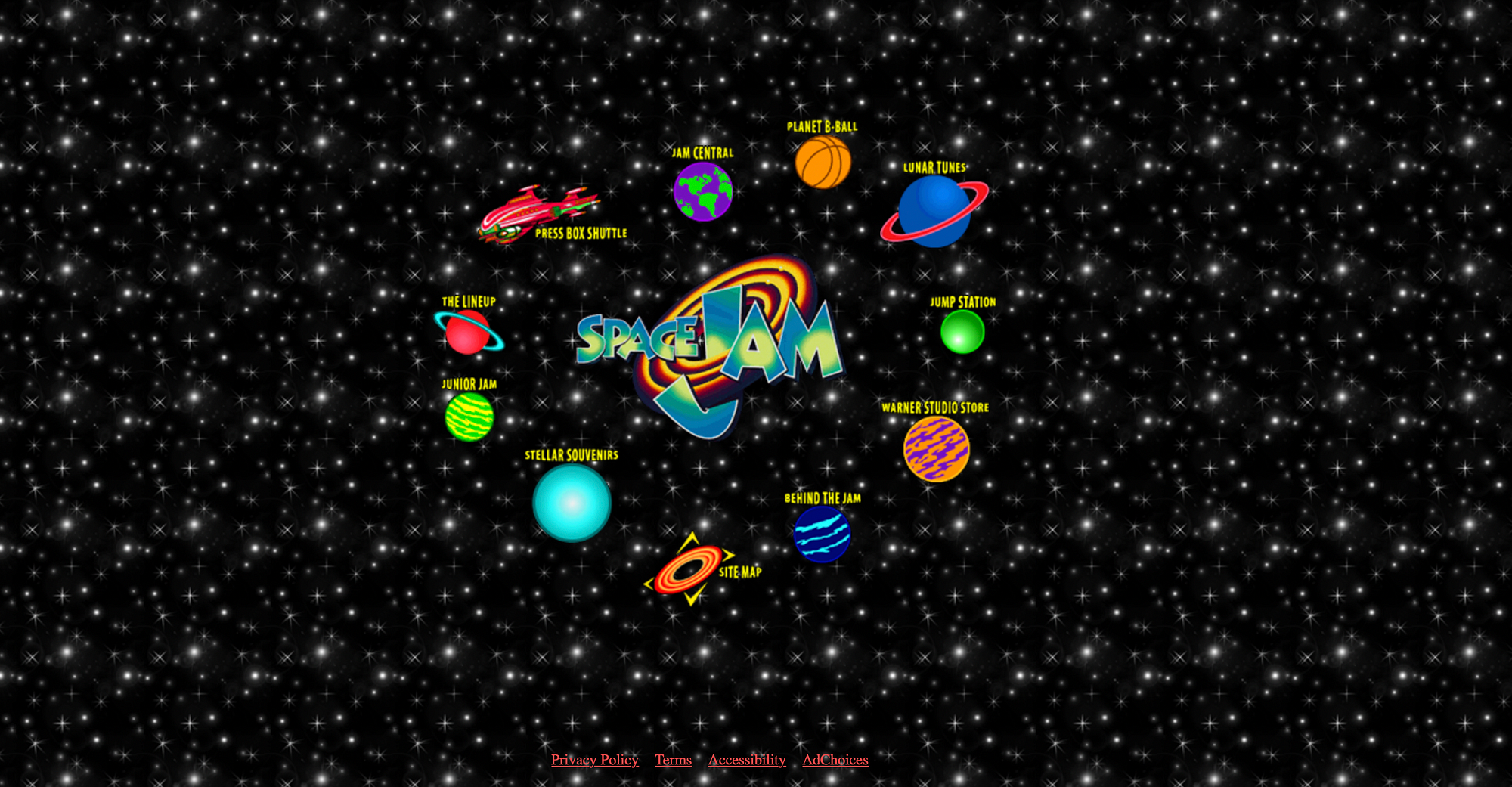 Exemplu Space Jam de design web din anii 90.