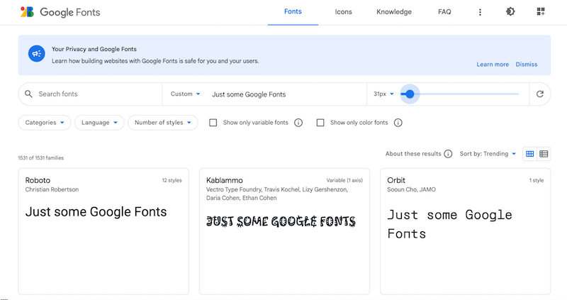 Directorio de Google Fonts con filtros avanzados - Fuente: Google Fonts