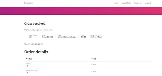 Default thank you page in WooCommerce