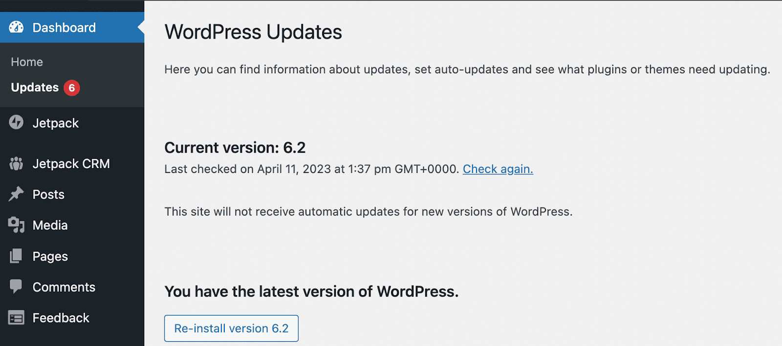 Suche nach WordPress-Updates im Dashboard