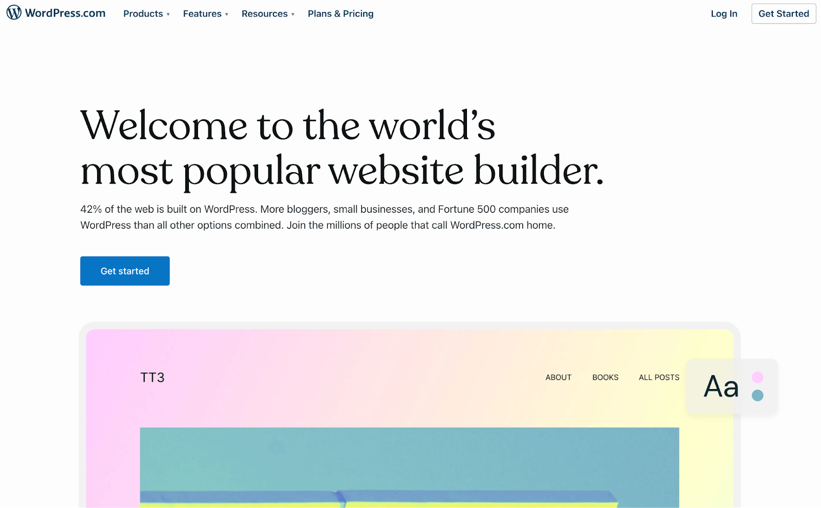 WordPress.com-Homepage mit dem Text „Willkommen beim weltweit beliebtesten Website-Builder“