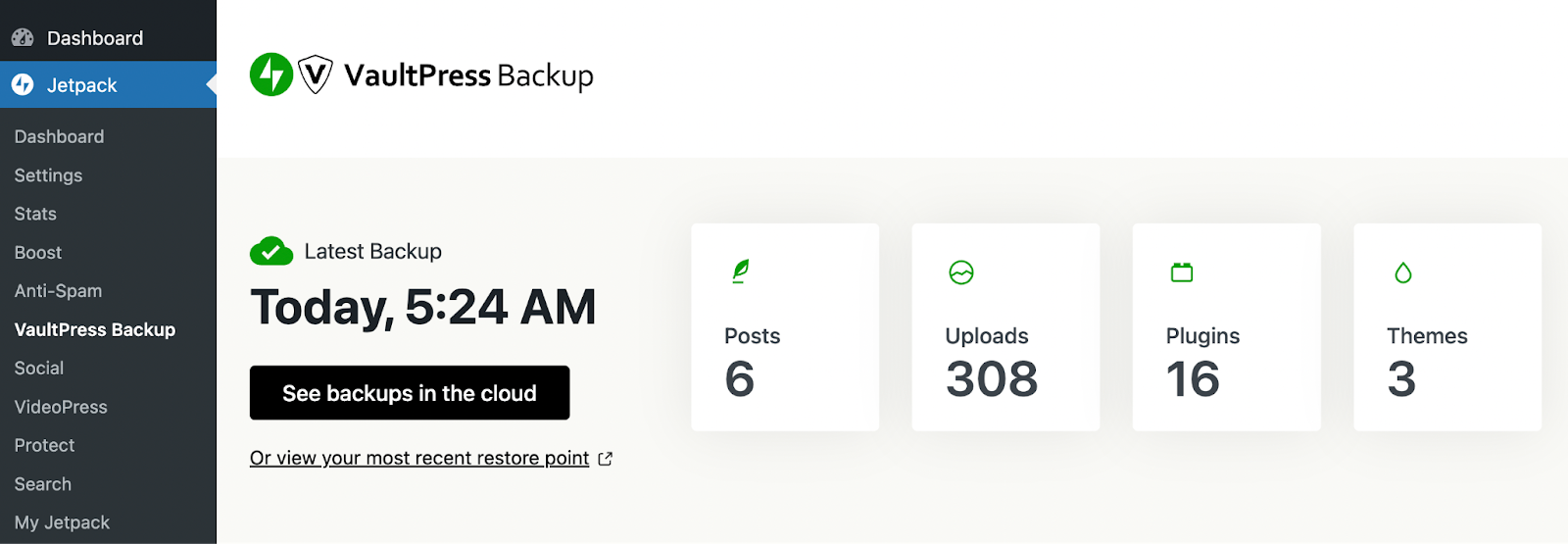 Dashboard di backup di Jetpack VaultPress