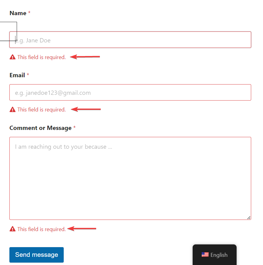 messaggi di convalida in un modulo di contatto