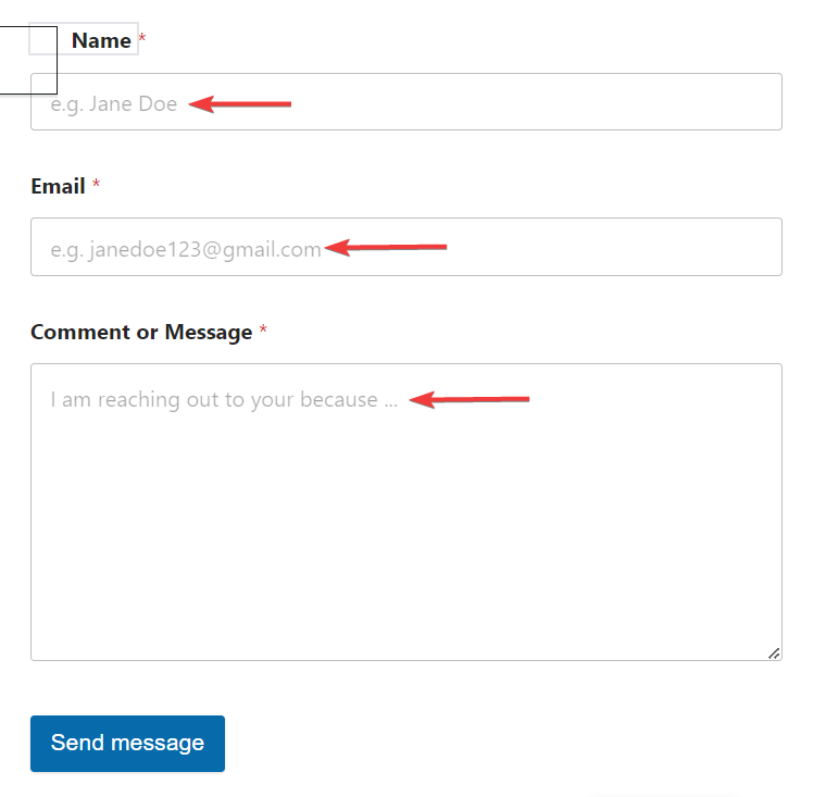 espaces réservés dans le formulaire de contact - traduction du formulaire