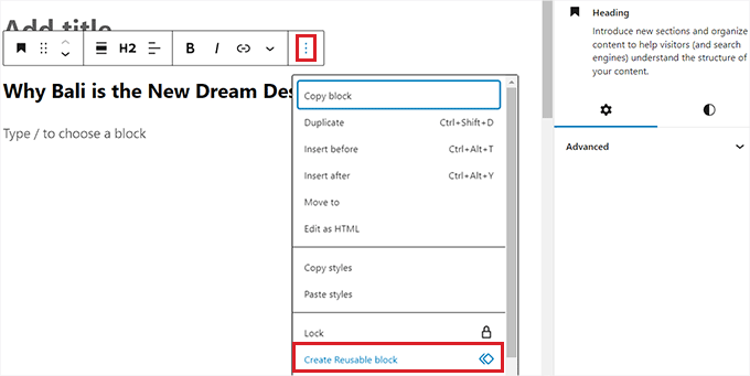 Choose the Create Reusable Block option