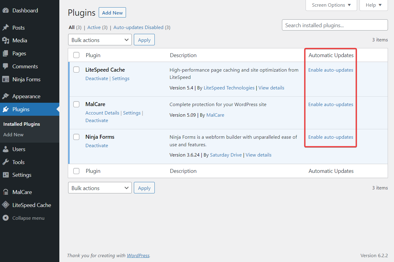 Atualização automática dos plug-ins do WordPress para ajudar a evitar que o site à frente contenha erros de programas nocivos.