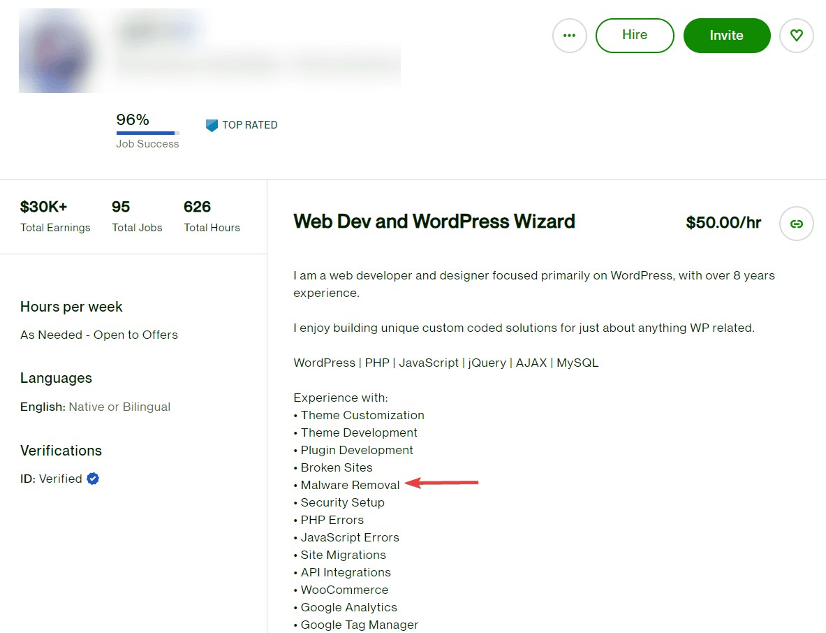 Stellen Sie Entwickler auf Upwork ein, um eine Malware-Infektion zu beseitigen.