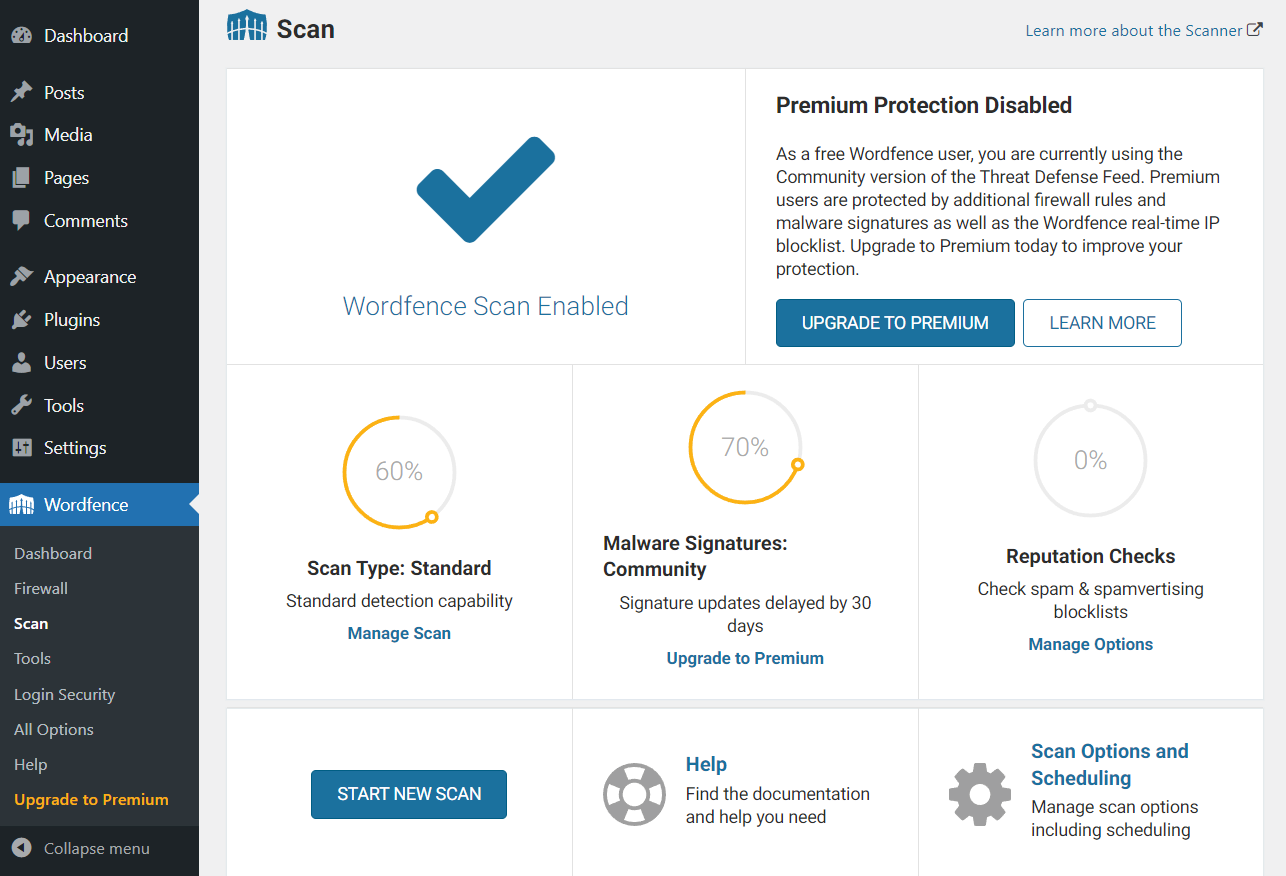 WordFence-Sicherheits-Plugin, das eine WordPress-Website scannt.