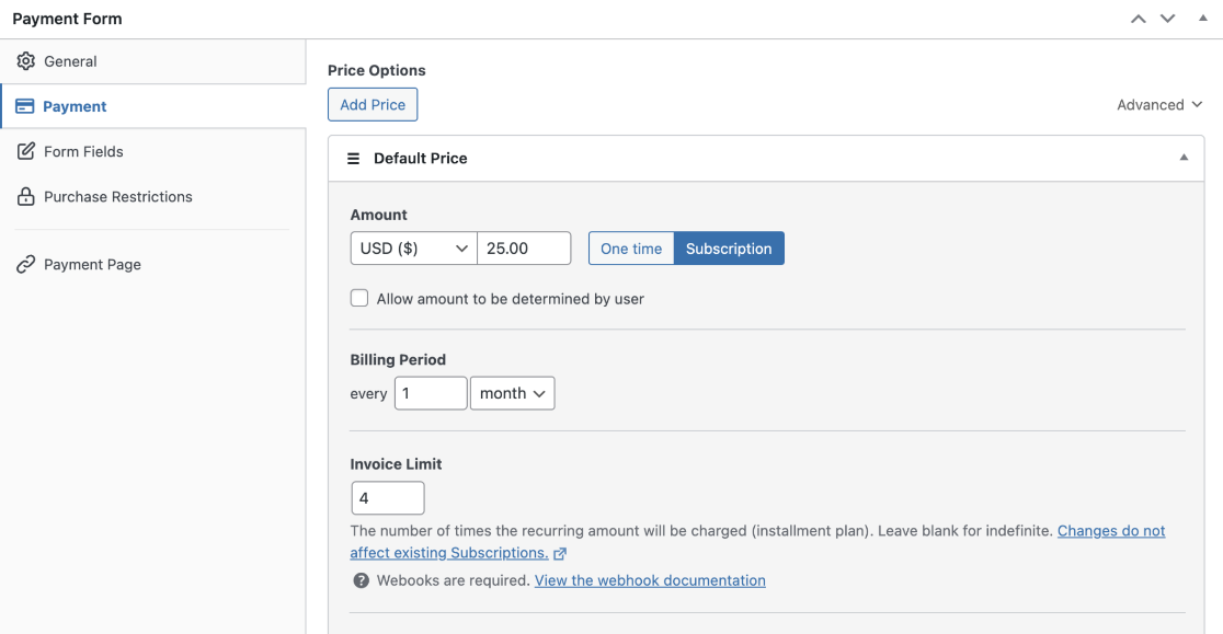 Installment plan payment settings WP Simple Pay