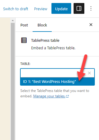 sélectionner une table - créer des tables dans WordPress