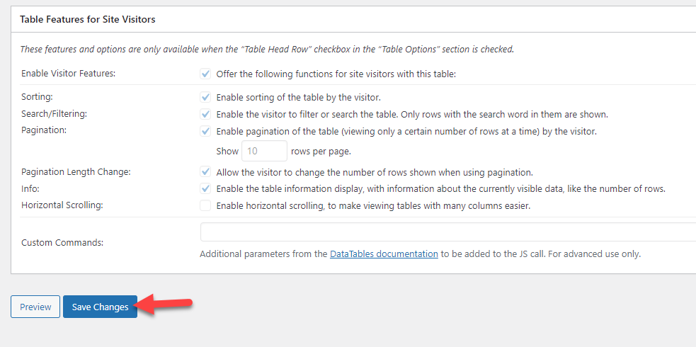 enregistrer les modifications des paramètres de table - créer des tables dans WordPress