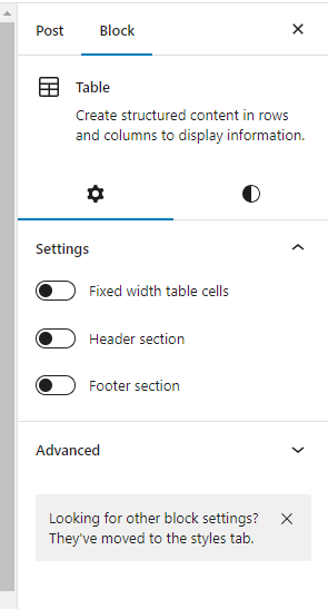 configuración de bloque de tabla