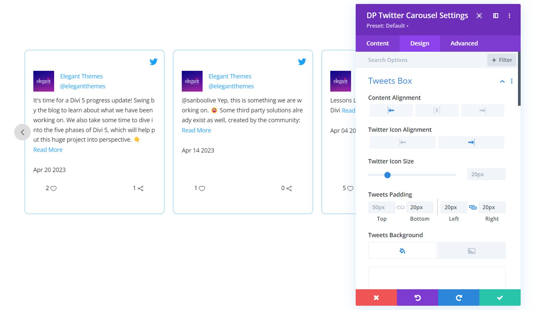 Kotak Tweet Carousel Twitter Divi Social Plus