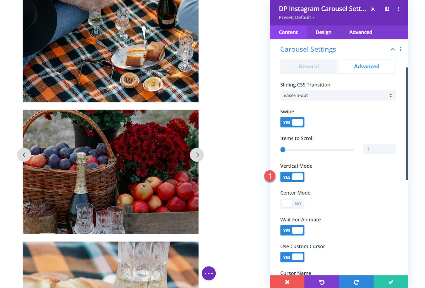 Modo vertical del carrusel de Instagram de Divi Social Plus