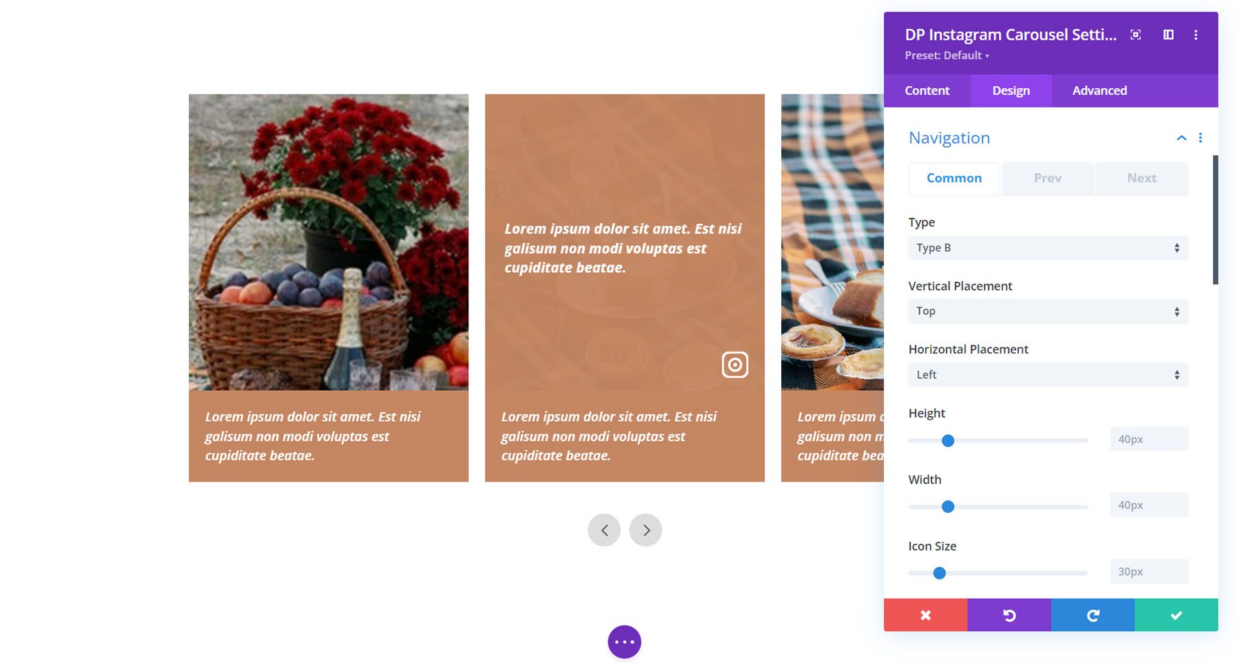 Navegación del carrusel de Instagram de Divi Social Plus