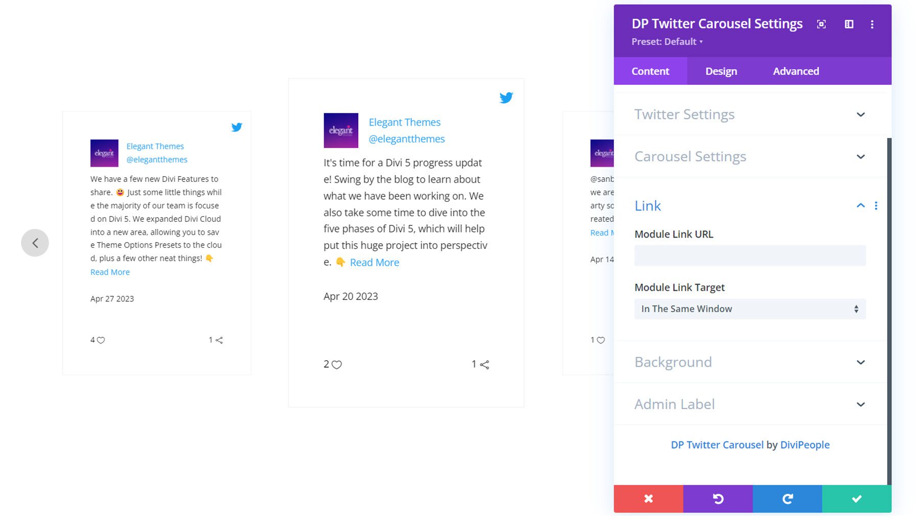 Paramètres de contenu du carrousel Twitter de Divi Social Plus