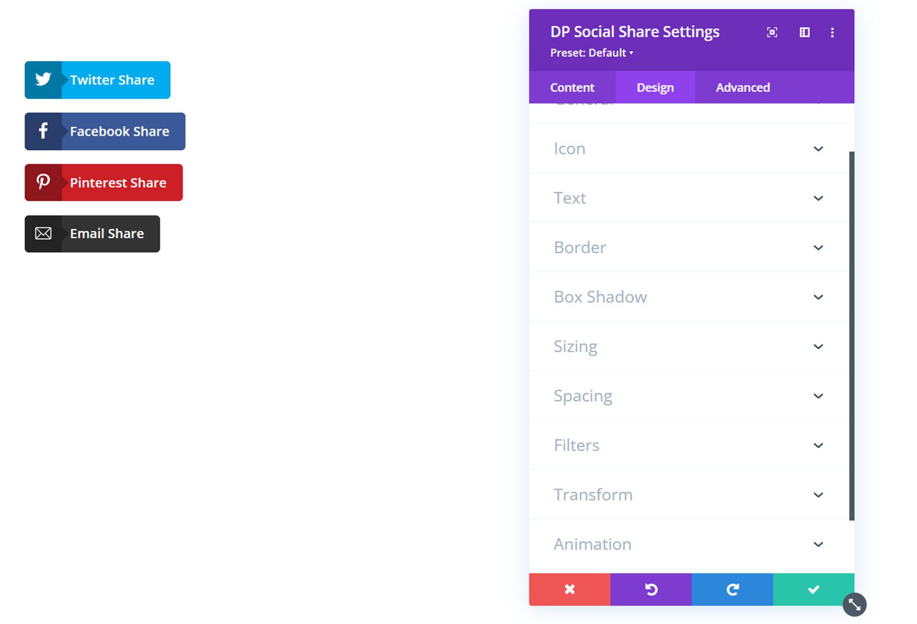 Divi Social Plus Social Share Autres paramètres de conception