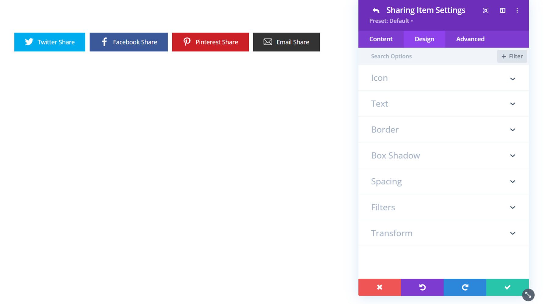 Paramètres de conception de partage social Divi Social Plus