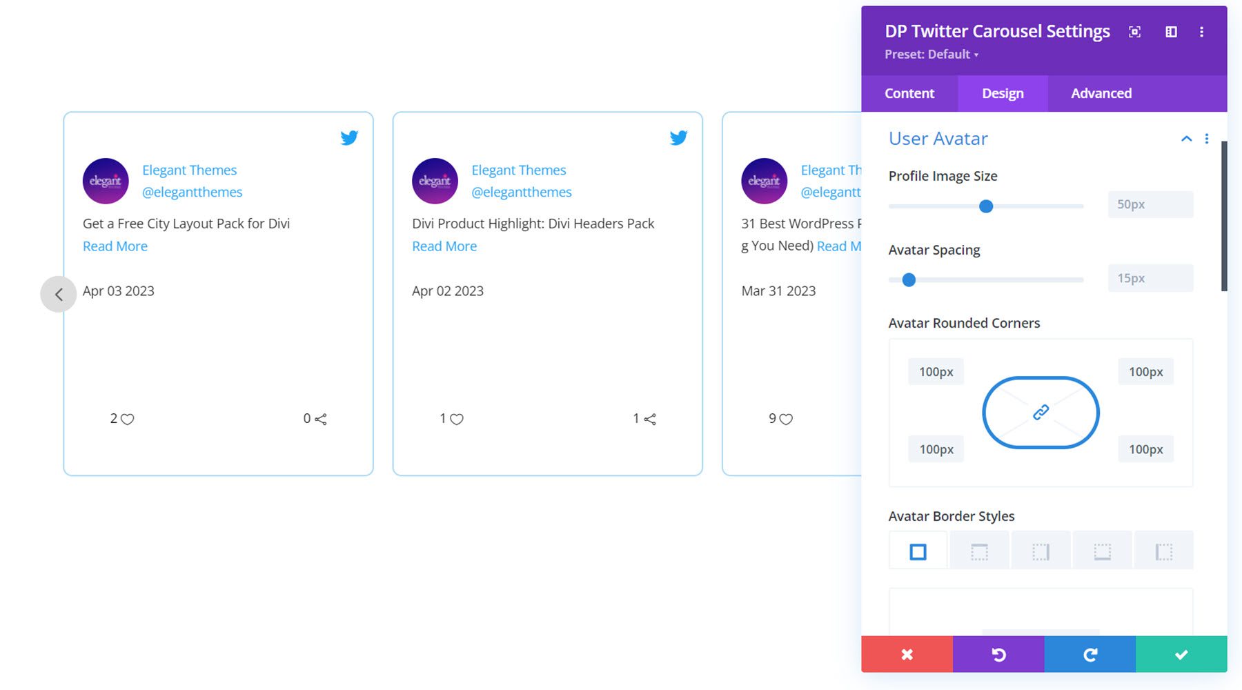 Divi Social Plus Awatar użytkownika karuzeli na Twitterze