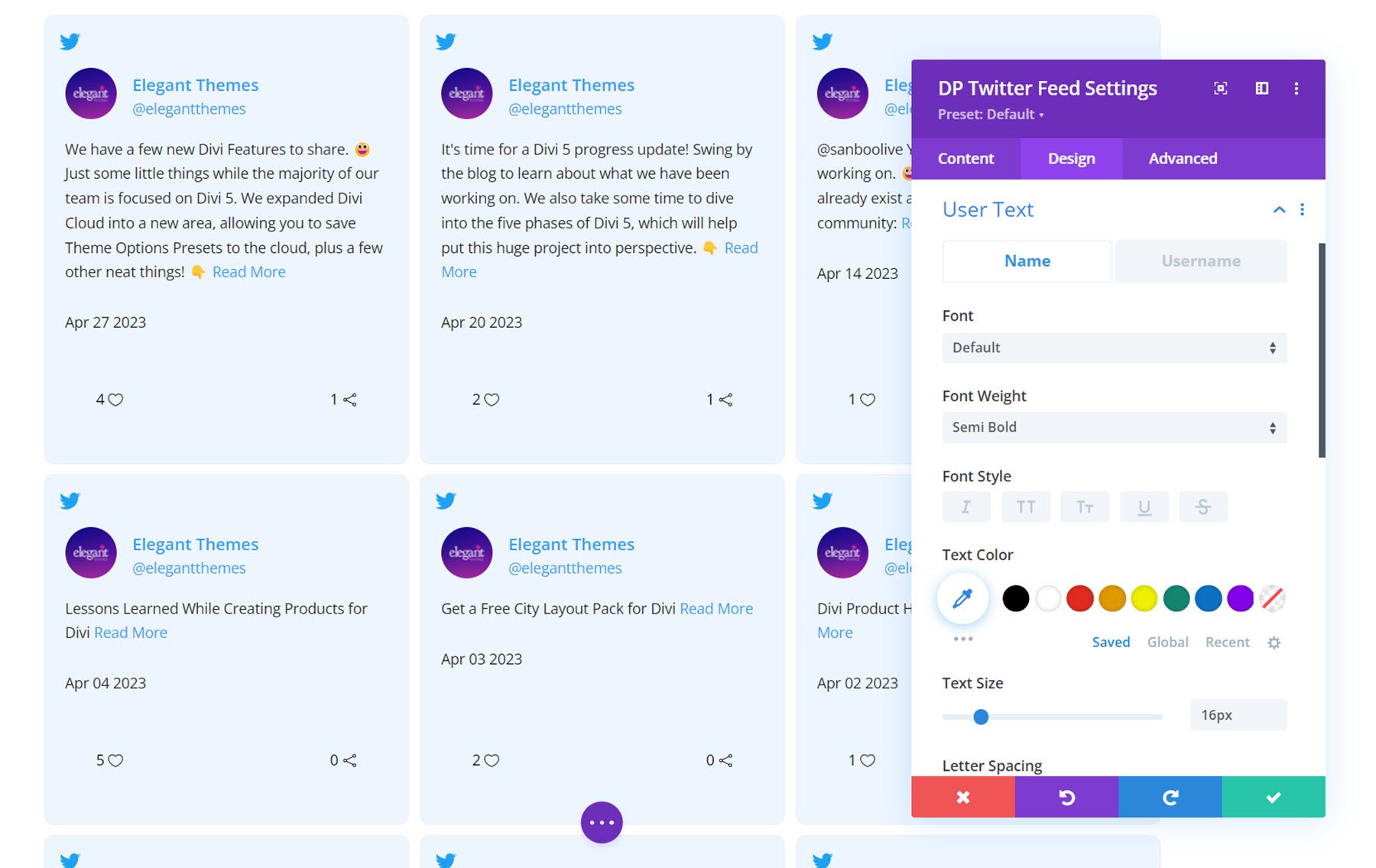 Divi Social Plus Пользовательский текст Twitter-канала