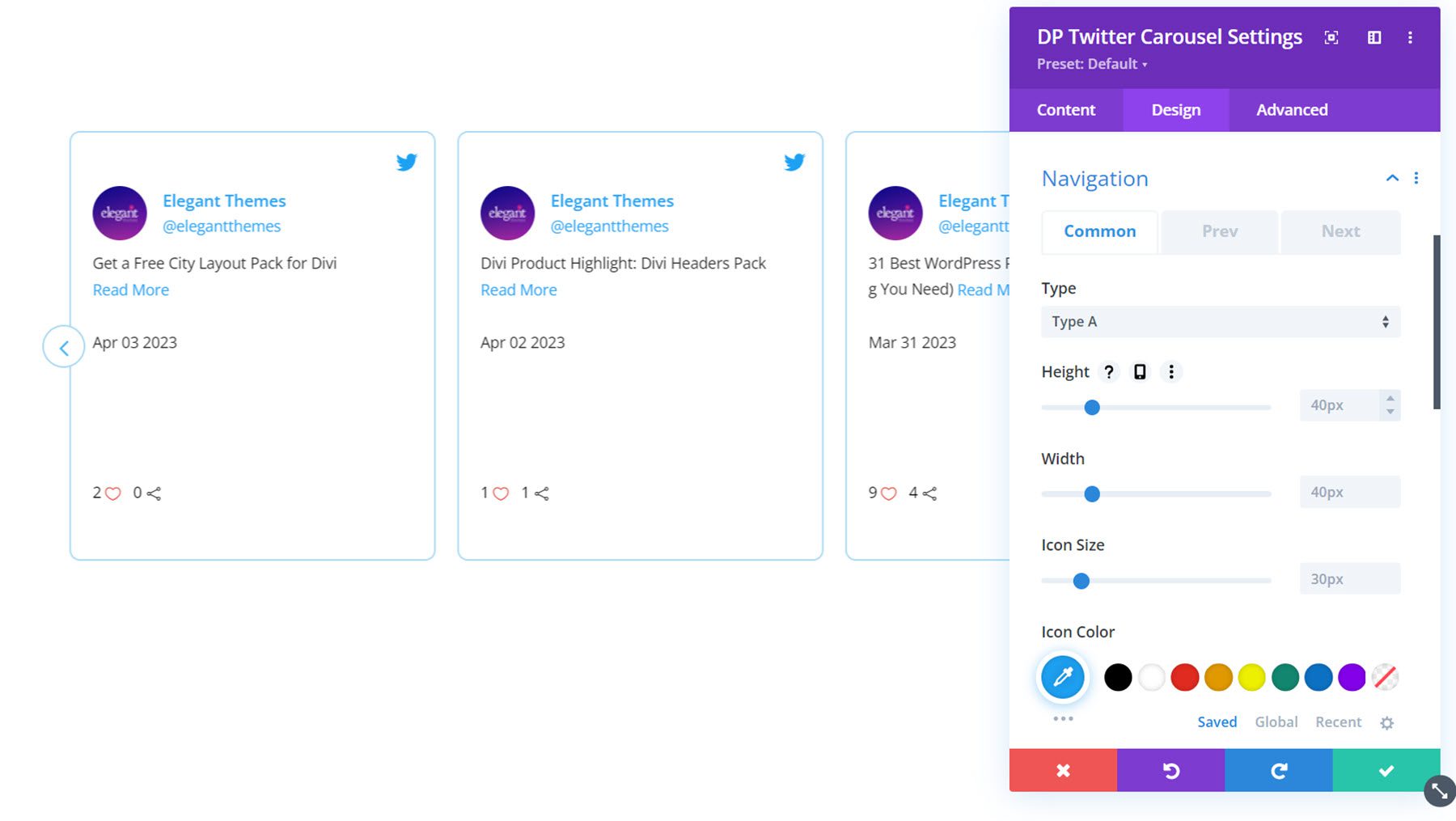 Navigation dans le carrousel Twitter de Divi Social Plus