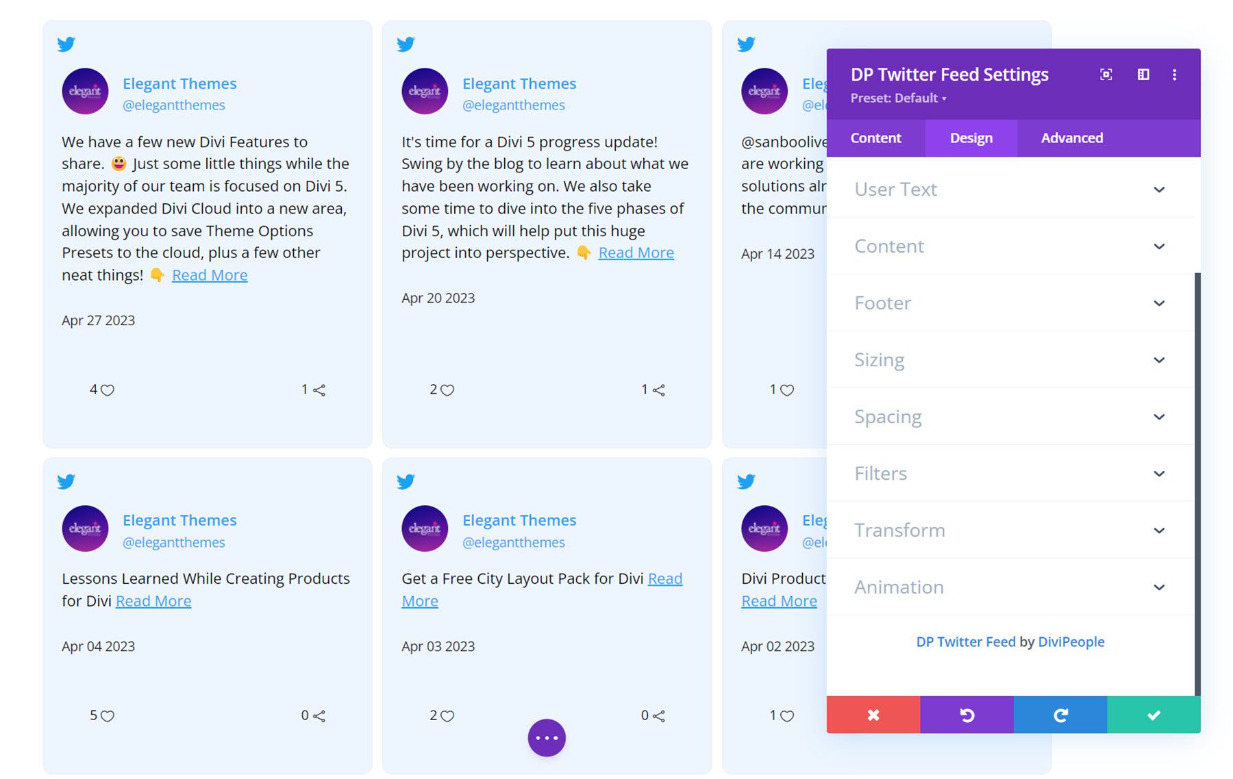 Divi Social Plus Twitter フィードのデザイン設定