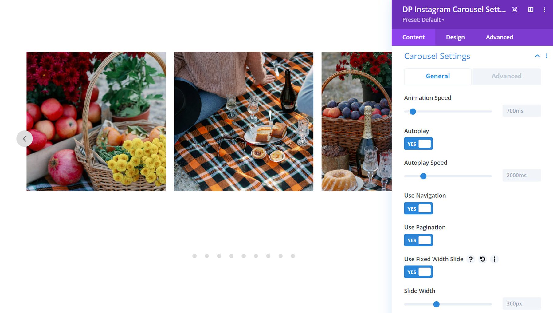 Divi Social Plus Instagram Carousel Настройки карусели