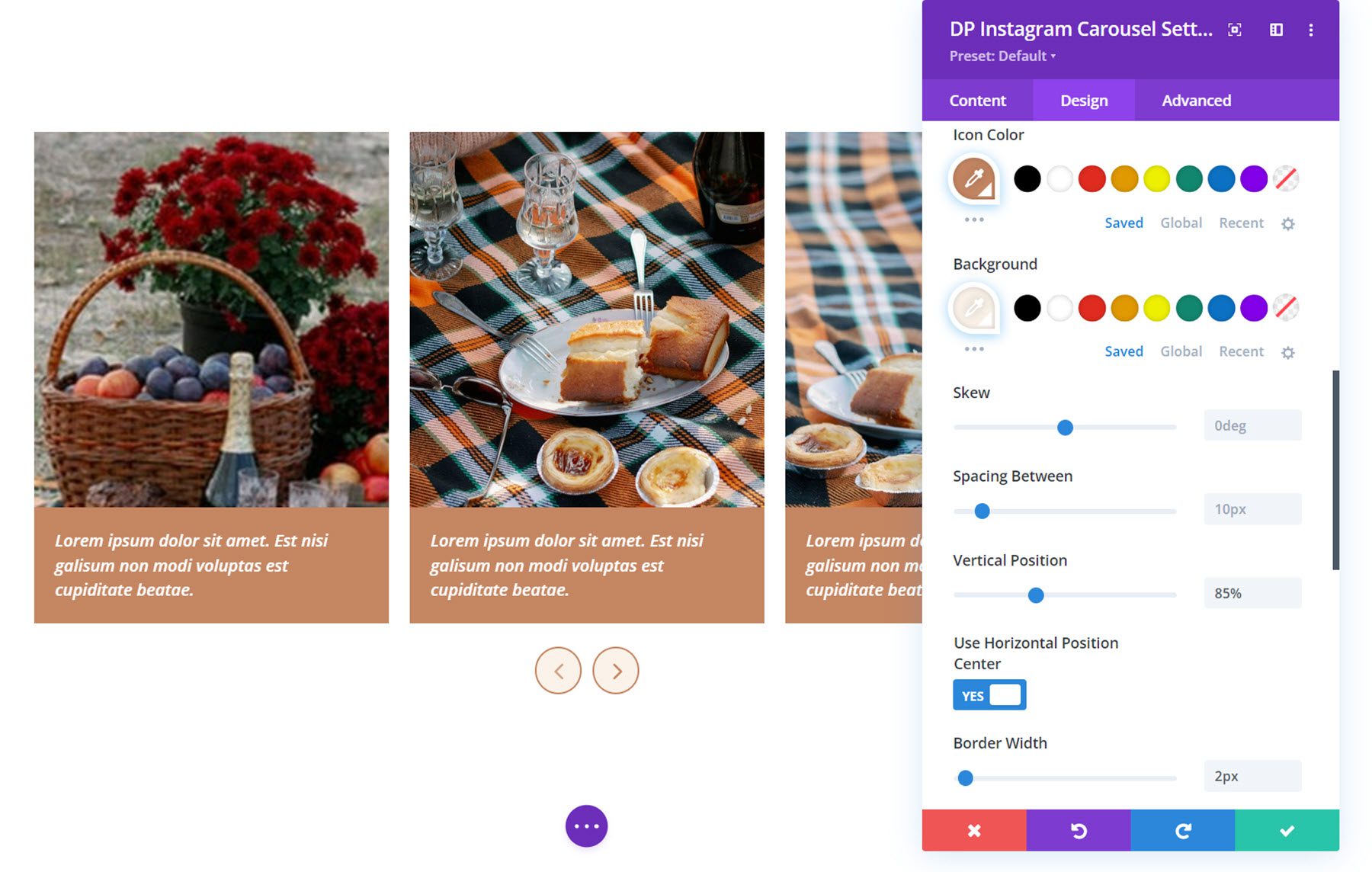 Navigation dans le carrousel Instagram de Divi Social Plus