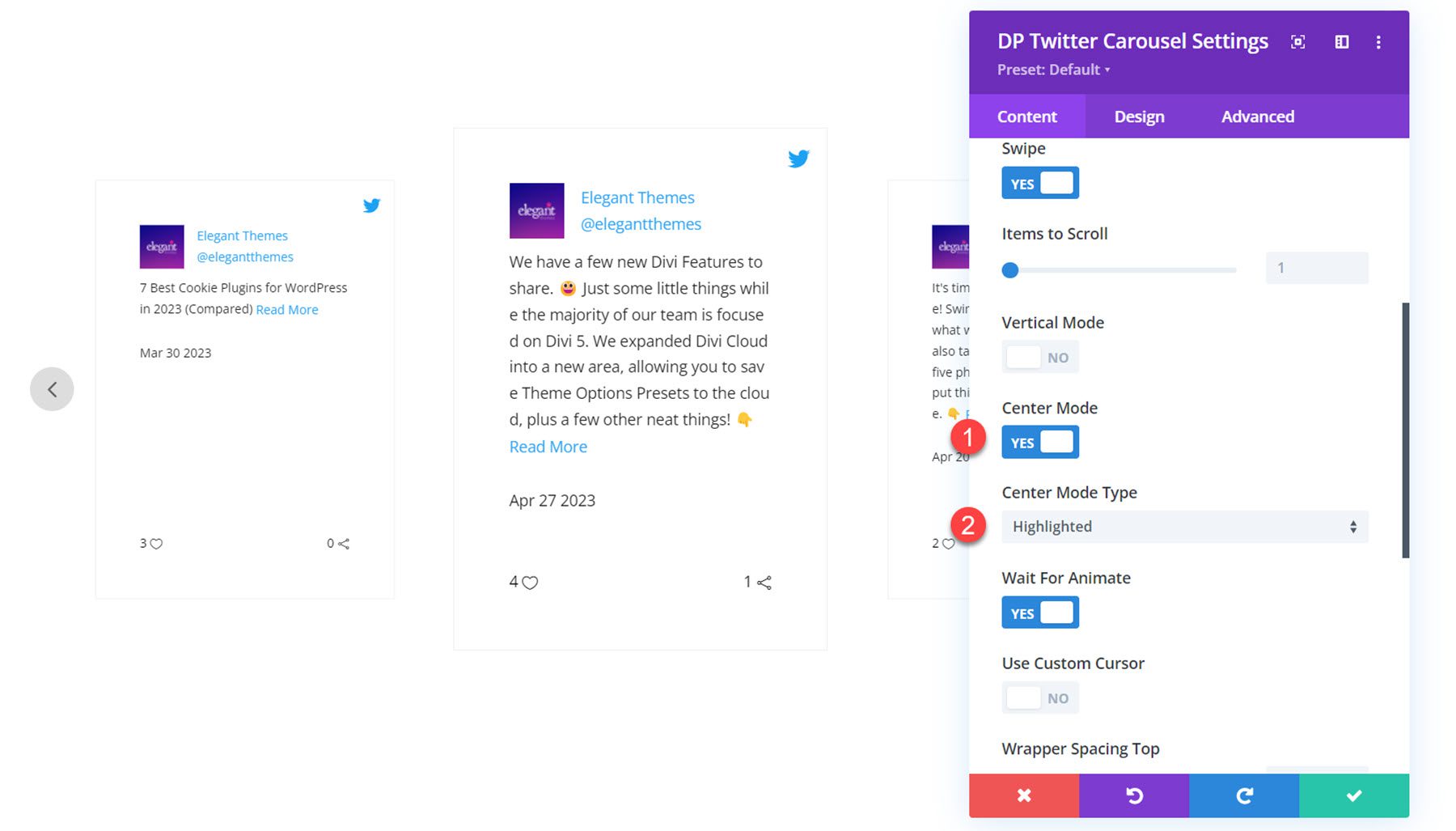 Tryb centrum karuzeli Divi Social Plus na Twitterze