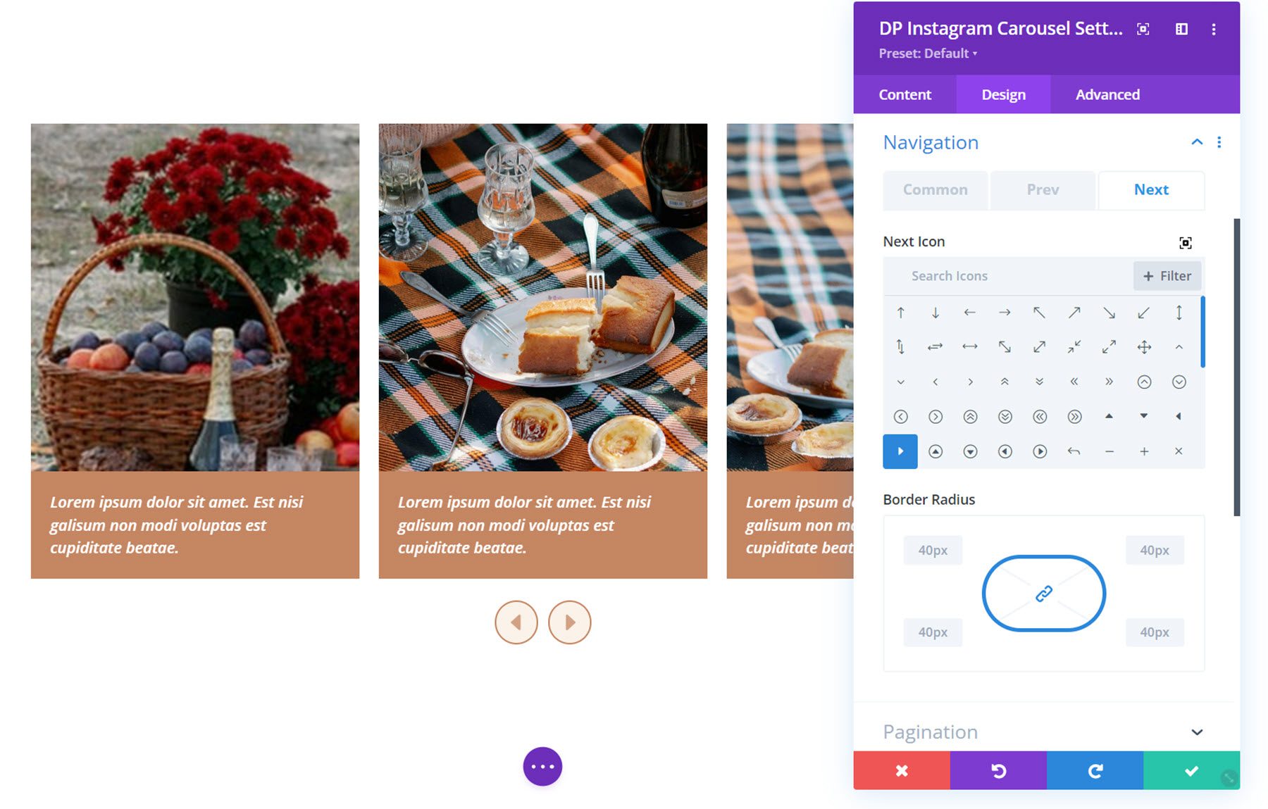 Navigation dans le carrousel Instagram de Divi Social Plus