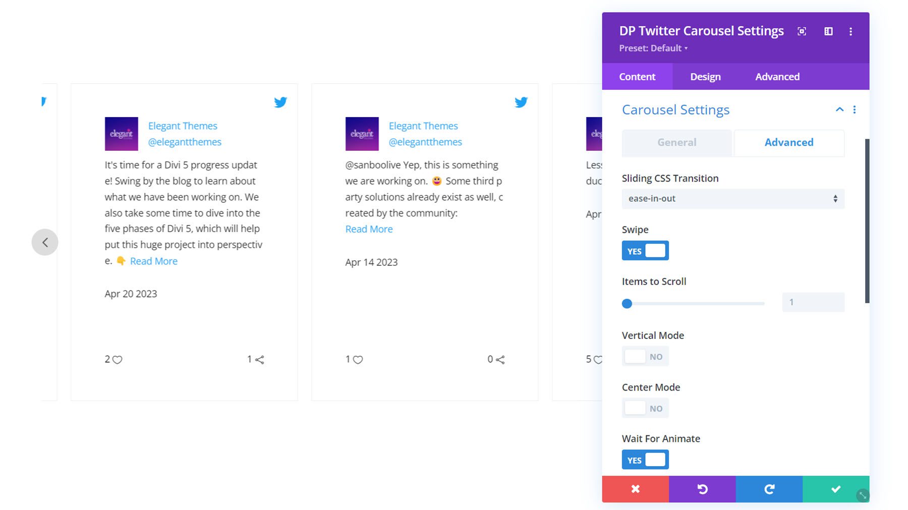 Divi Social Plus Twitter Carousel Расширенные настройки карусели